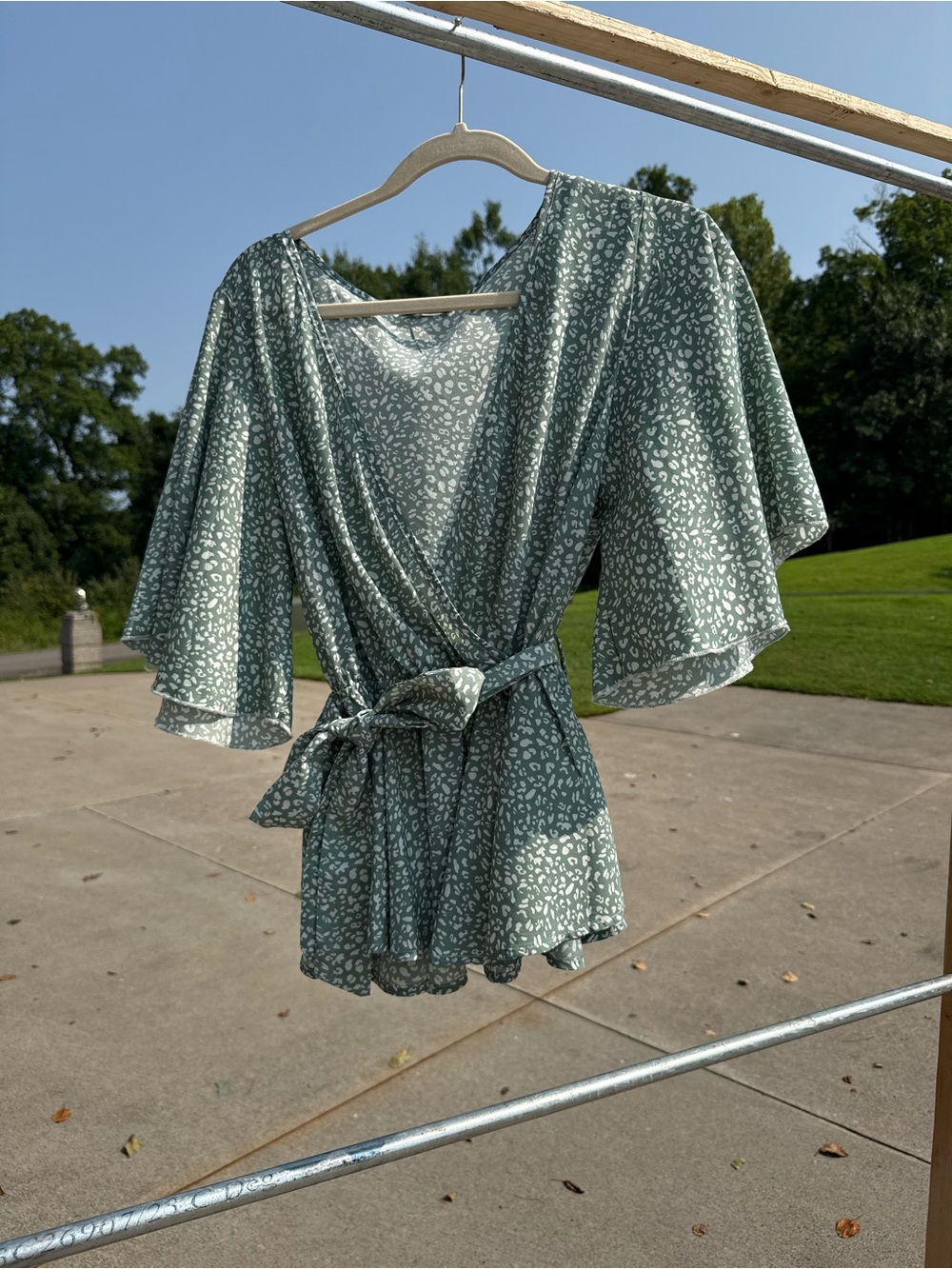 Green Printed Wrap Blouse with Tie Waist